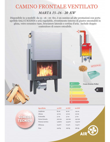 Ventilisani umetak za kamin na drva, snage 20 kW