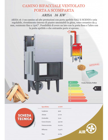 Dvostrani ventilisani kamin na drva, snage 16 kW