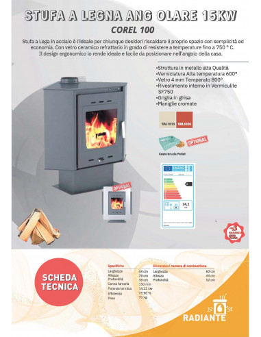 Ugaona peć na drva, snage 14 kW